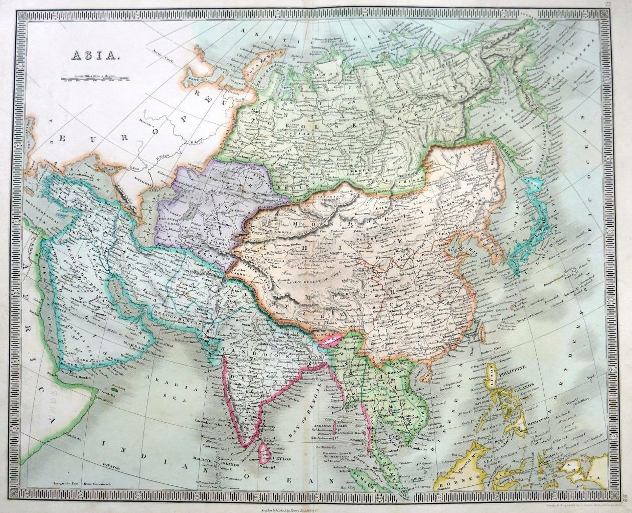 ASIA BY DOWER & TEESDALE c1844  GENUINE  ENGRAVED MAP ORIGINAL HAND COLOUR
