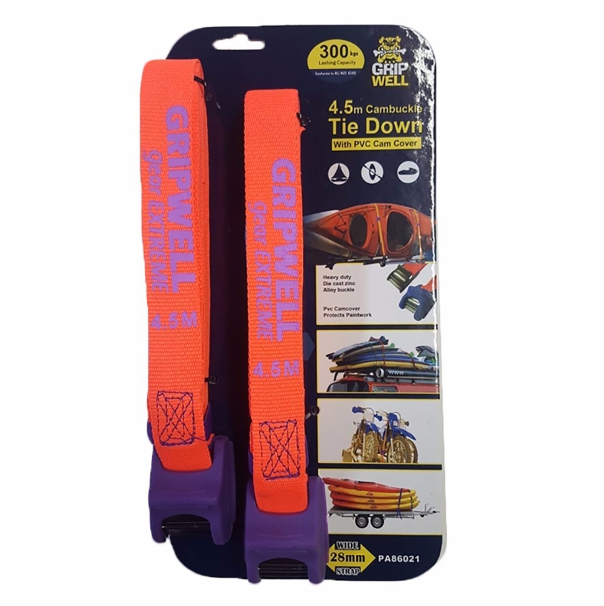 Gripwell CAMBUCKLE TIE DOWN WITH PVC CAM COVER 28mmx4.5m 2Pieces, 300Kg