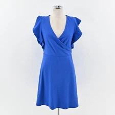H by HALSTON Dress Sz 6 Blue Ruffle Flutter Sleeve Faux Wrap V Neck Jersey Shift