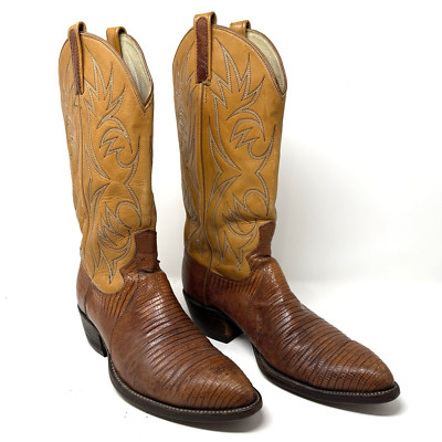 Vintage Dan Post 9D Teju Lizard Two Tone Cowboy Boots Mens Style #6836