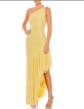 Mac‎ Duggal One Shoulder Pearl Sequin Asymmetrical Hem Yellow Dress Size 10