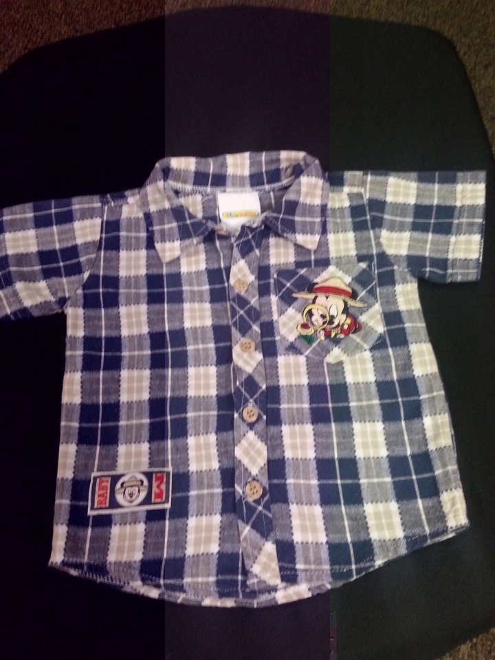 Camisa de Mickey Mouse con botones azul blanco apliques a cuadros para niños y niños de la S a la M Foto 2 de 4