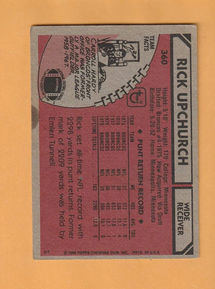 Rick Upchurch Denver Broncos AUTO Signed 1980 Topps Springfield Ohio 1I - Image 2 of 2