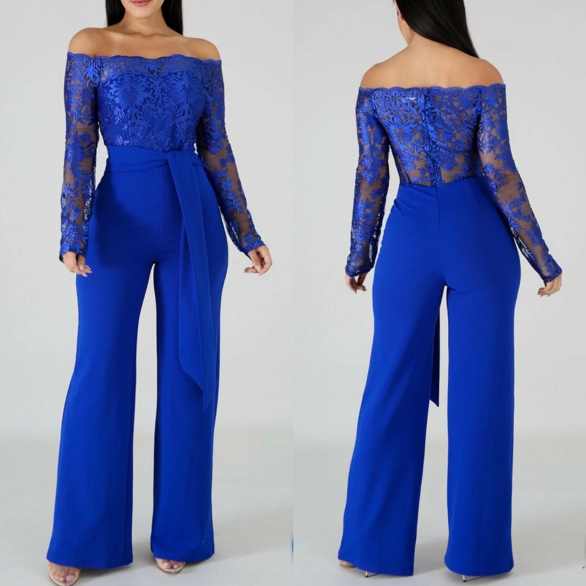 Flower embroidery off cheap shoulder wide leg jumpsuit