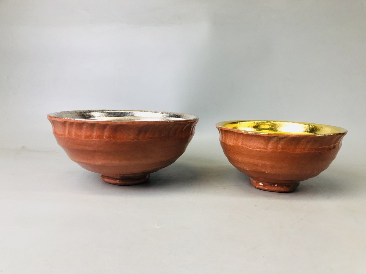 Y7199 CHAWAN Raku-ware gold silver bowl signed box Japan Y7199 CHAWAN Raku-ware gold silver bowl signed box Japan