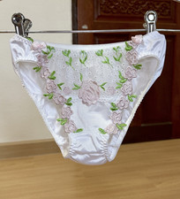 Vintage Slippery White Nylon Panty Sheer Floral Lace Sissy Hi Cut Bikini Sz.5