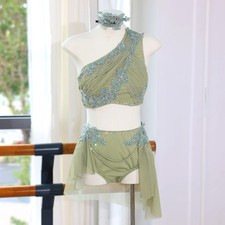 Green Rhythmic Gymnastics Leotard Costume Rhinestone Performance Outfit