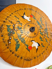 Vintage Japanese Oil Paper Parasol Umbrella Hand Painted Cranes Bamboo Handle