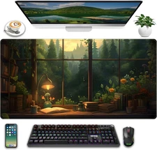 Anime Dark Green Plants Desk Mat Cute XXL 31.5" x 15.8", 