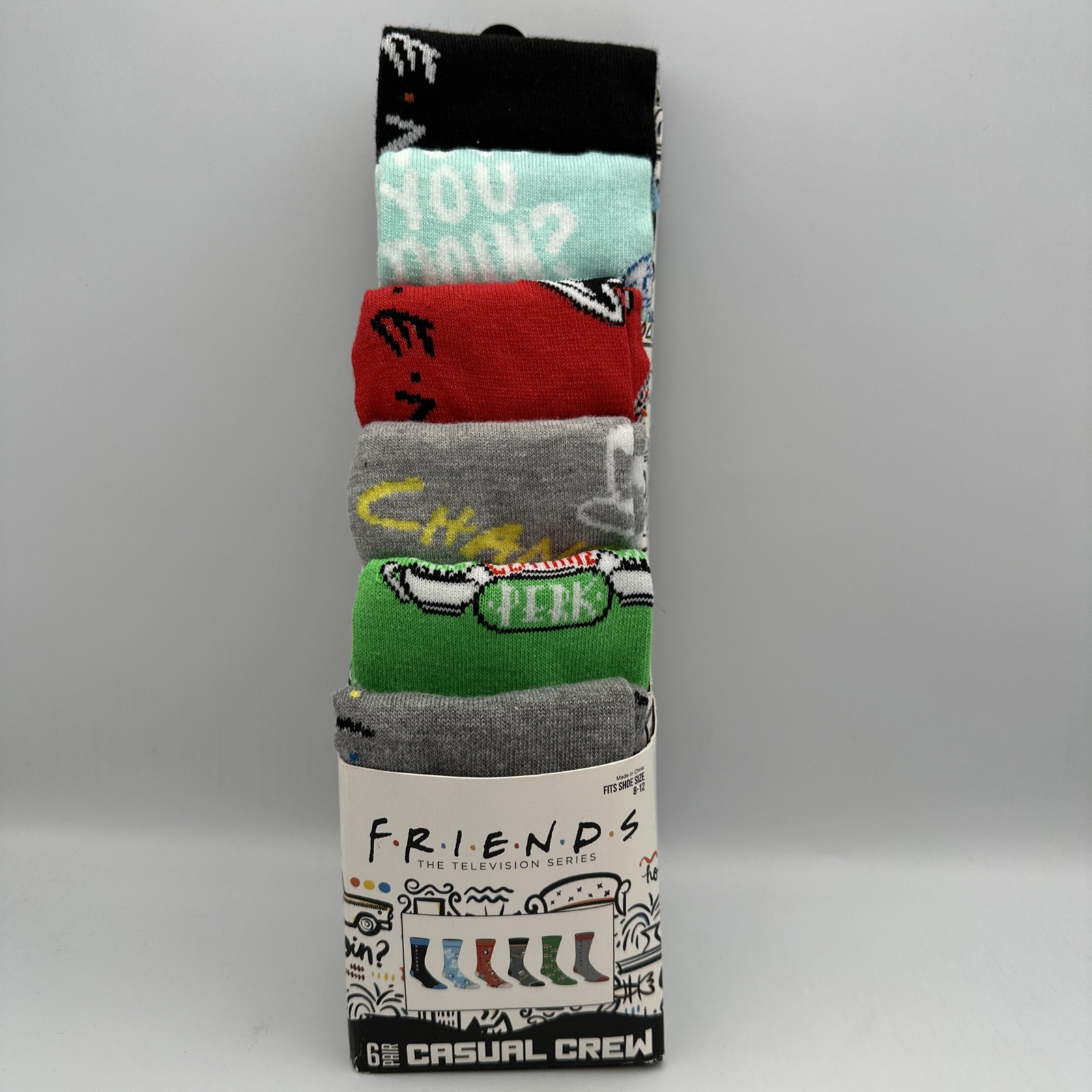 FRIENDS TV Show Series 6 Pair Casual Crew Socks Men's Size 8-12 New In Box