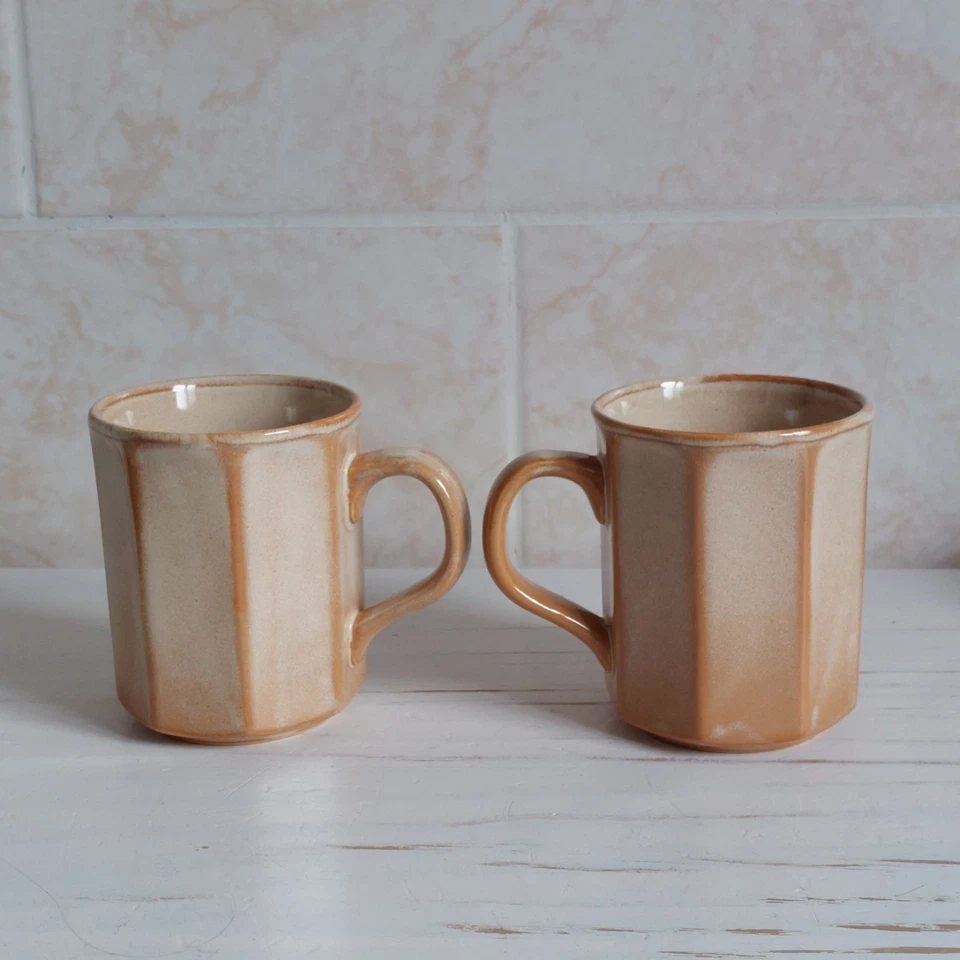 Studio Pottery Mug Cup X2 Brown Ceramic Octagonal H 9.5cm Glazed Rustic England - Image 3 of 4