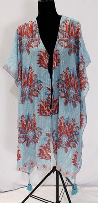 Aratta Women's Open Front Metallic Thread Kimono NC3 Blue Multi One Size NWT
