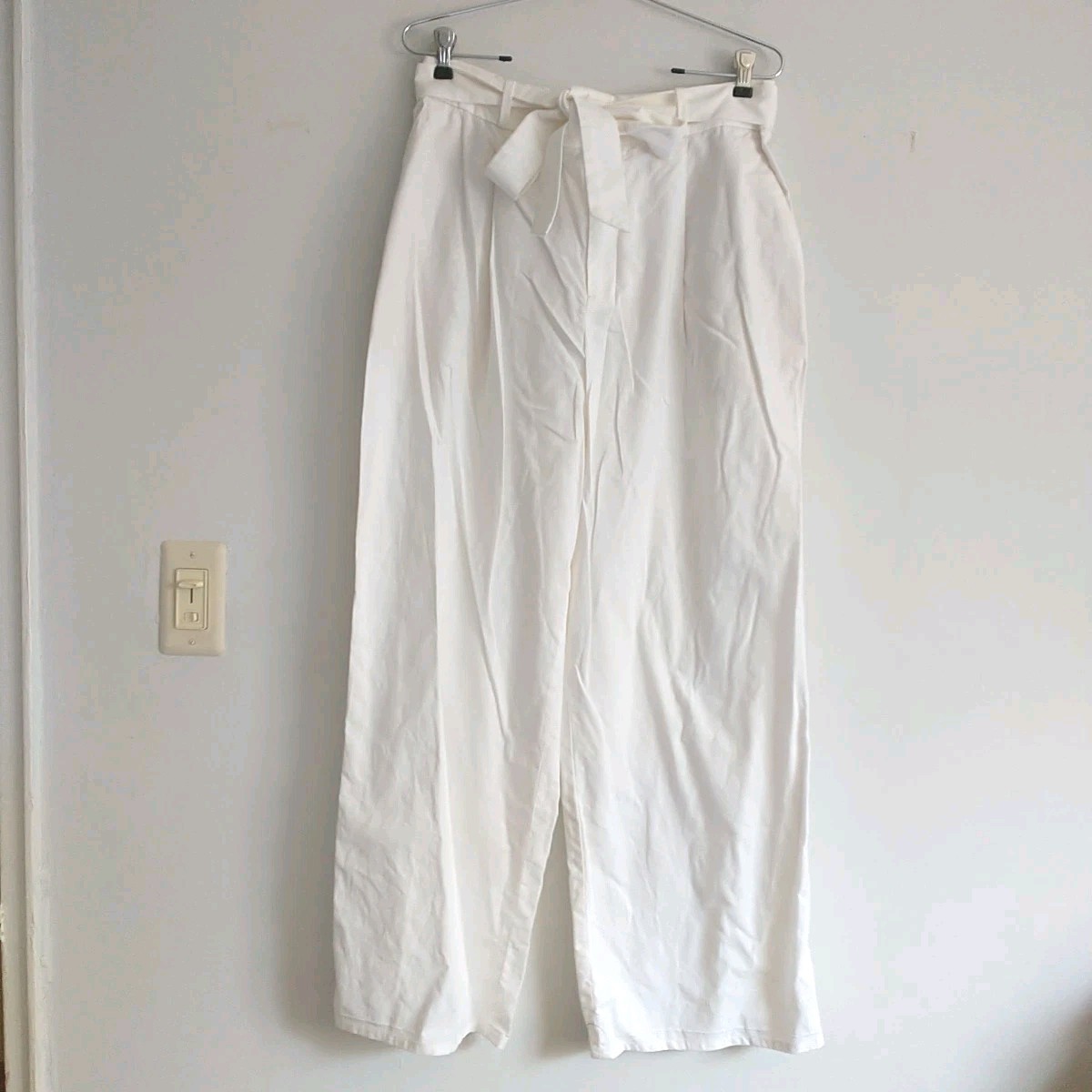 Uniqlo Pants Womens L White Cotton Linen Blend Wide Leg Belted High Rise Boho