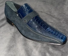 Mauri 754 Blue Ostrich Suede Loafers Mens Size 8 Italian Luxury Dress Shoes