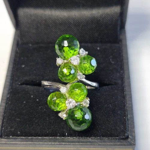 Vintage Peridot Briolette with White Topaz Bubble Cluster Ring Silver 925 Size 7