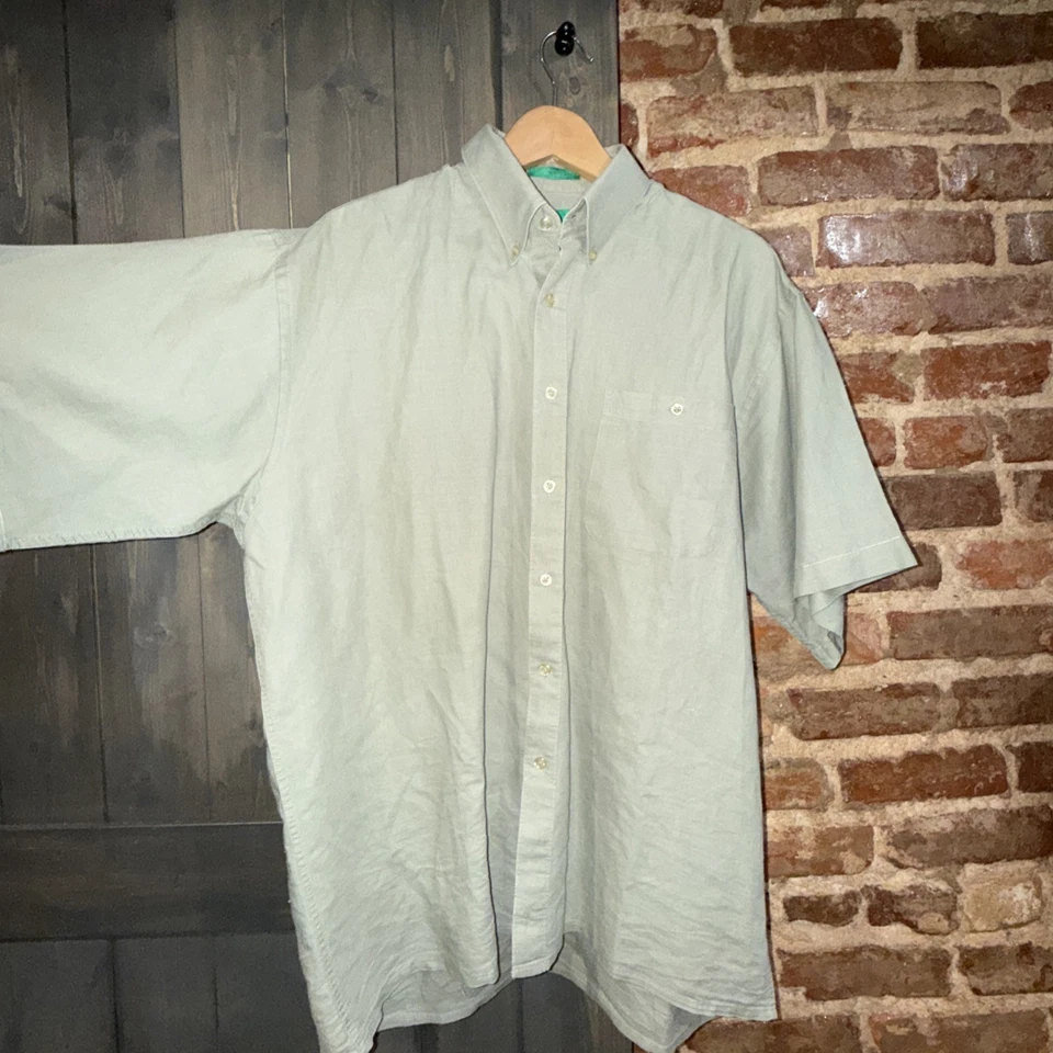 Camisa CARVEN PARIS Hombre L Abotonada SS Verde Suave Diseñador Lujo Lino/Algodón Foto 2 de 4