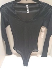 Steve Madden Women's Black Mesh Bodysuit Long Sleeve Sheer Snaps Med 11841 NWT
