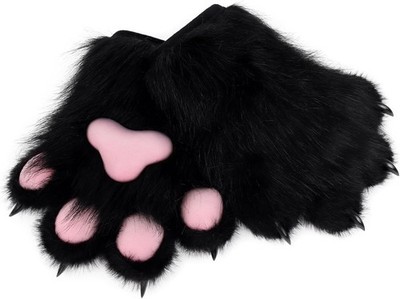 HAOAN Furry Faux Fur Fox Cat Paws Gloves Animal Fursuit Mittens Black 