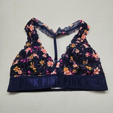Victoria's Secret PINK Women Bra XS Blue Floral Lace Bralette Wireless Racerback