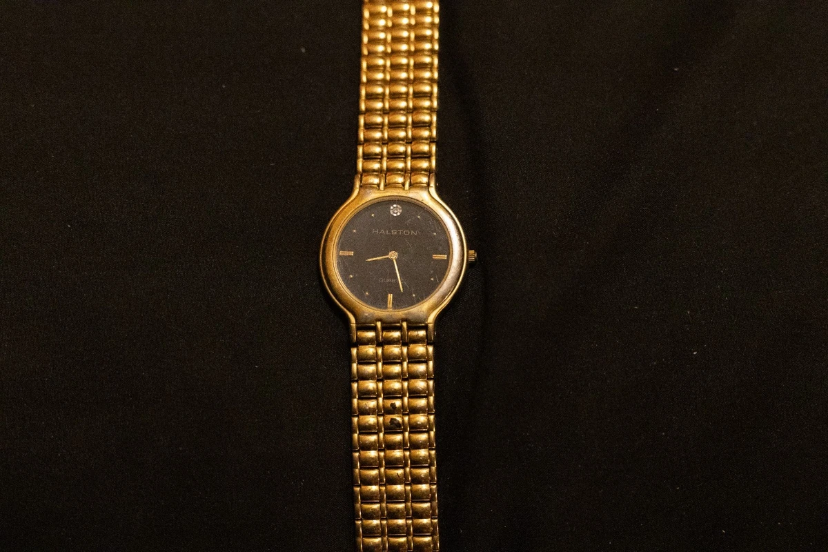 Halston Gold & Black vintage style watch w/ solitary diamond & 7” band. Halston Watch - Etsy main image 4