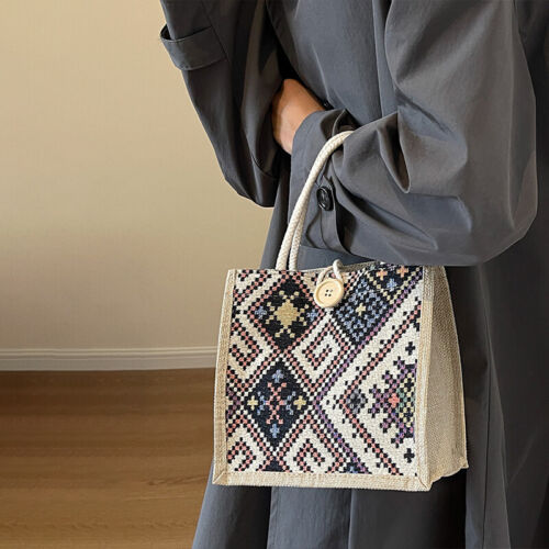 Embroidered Ethnic Style Linen Handbag Large Capacity Handbag Fabric Lunch B G❤D - Afbeelding 1 van 16