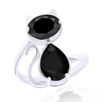 3.36 Ct Oval And Pear Shape Simulated Black Spinel 925 Sterling Silver Cat Ring