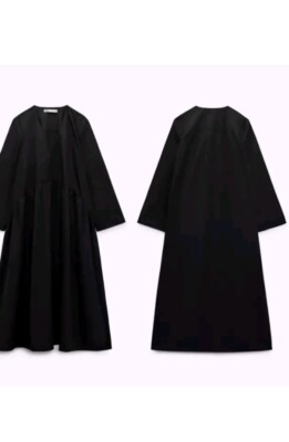 書39 NEW ZARA long black cotton 2183 043 dress size M Pomplin