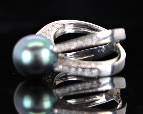 $6,950 Gregg Ruth 18k White Gold Tahitian Pearl Round Pave Diamond Cocktail Ring - Picture 8 of 10