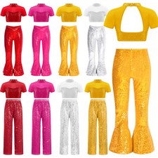 Kids Girls Sparkly Short Sleeve Cropped Top with Pants Outfit for Dance Hip Hop