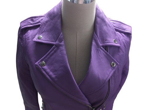 L'agence Leather Jacket Women's Size XS Purple Lamb Leather Zip Moto - Picture 5 of 8