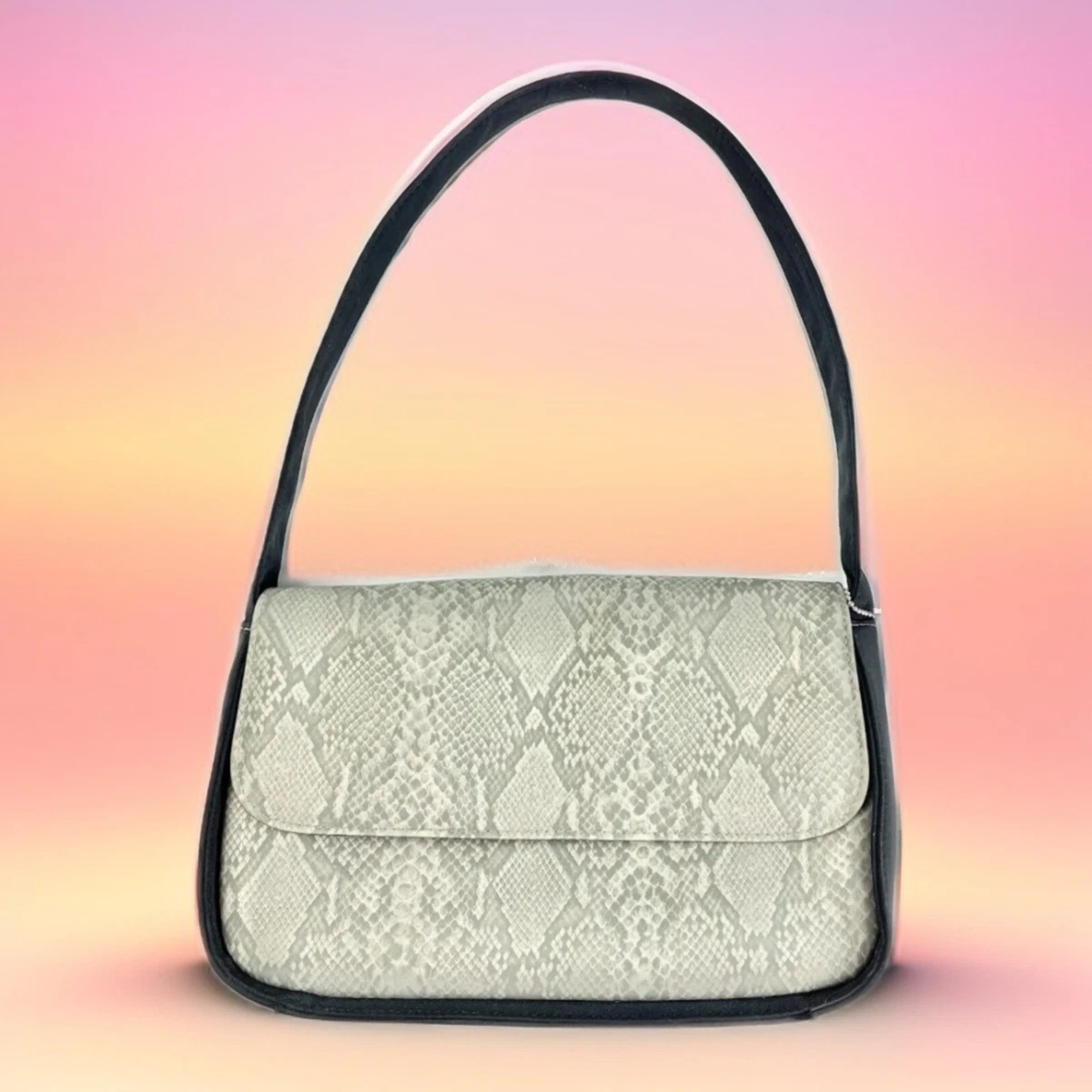 Vtg Moda Bella Handbag Gray Snakeskin Vinyl Snap Flap Pocket Purse 90s