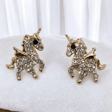 Tiny Gold Unicorn Rhinestone Studs Pierced Earrings Sparkly Fantasy Jewelry NWT