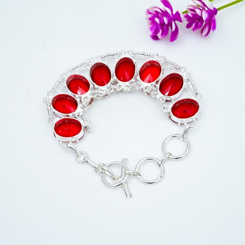 925 Sterling Silver Garnet Gemstone Chain Bracelet Handmade Jewelry Party Gifts - Picture 2 of 4