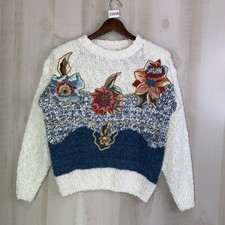 Vintage 80s Knotty Knit Floral Beaded Grandma Style Sweater Womens Medium