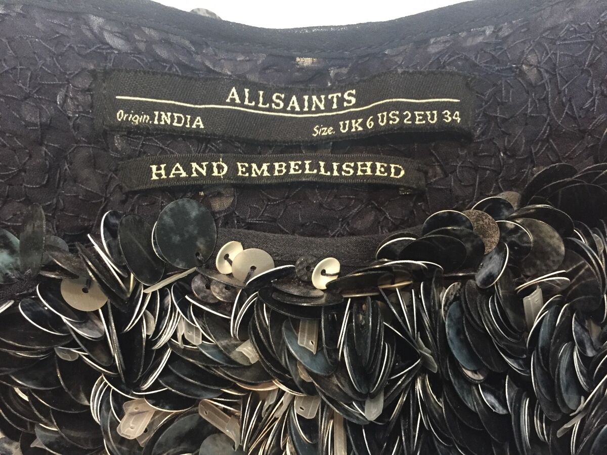 ALL SAINTS GRAFFITI TEE HEAVY HAND Embellished TOP SZ 2 BLUE GRAY WHITE