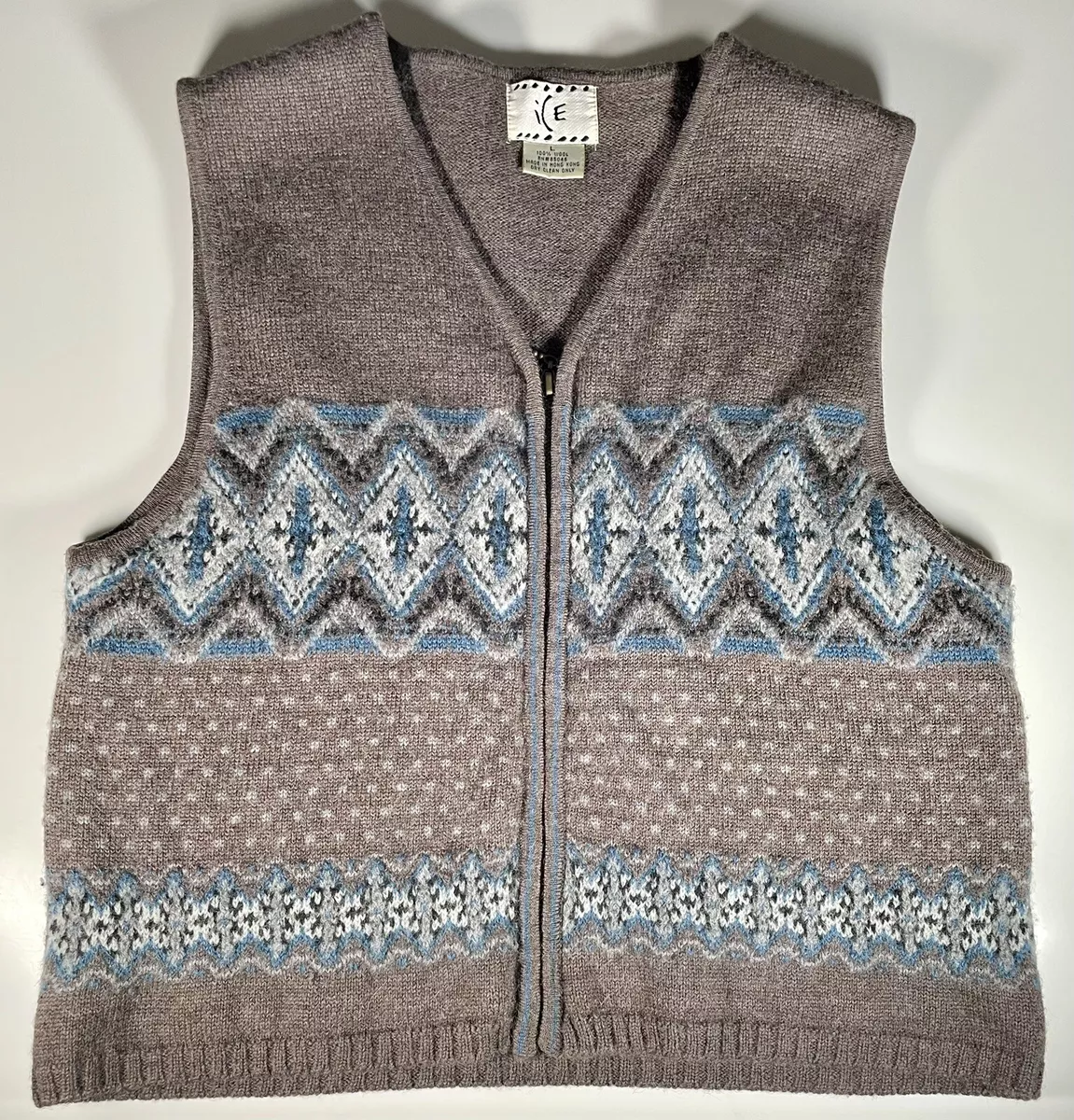 ICE Knit Vintage Sweater Vest Size Large Brown Blue 100% Wool Zip