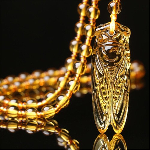 Natural Crystal Cicada Amulet Pendant Lucky Necklace With Bead Chain Trendy Gift - Picture 11 of 12