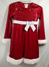 Bonnie Jean Christmas Dress 12 Red Sequin Glitter White Fur Trim Tie Back Girls