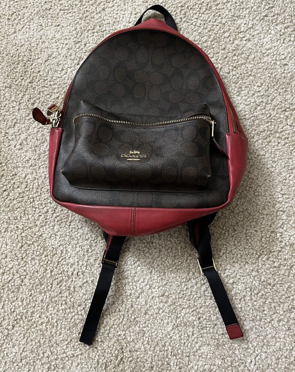 Coach Charlie Signature Backpack F32200 Medium Saddle Dark Brown and Red