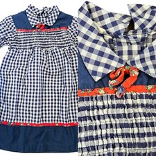 70s Girls 6 Blue Gingham Plaid Smocked Casual Dress Collared Red Floral Bow