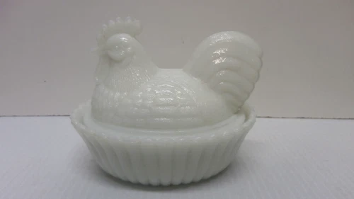 Vintage Westmorland Milk Glass Hen Chicken on Ribbed Nest Split Tail Candy Dish
