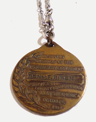 1918 Boy Scouts of America War Service Liberty Loan Bronze Medal & Watch Chain - Picture 3 of 5