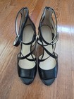 Nine West Size 9 Black Leather Peep Toe Crosscross Straps Heels Pumps Mesh Zip — photo 3