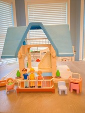 Vintage 1989 Little Tikes  Blue Roof 2 Story Doll House & Accessories family 