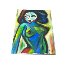 Vintage 1971 Woman Art Colorful Abstract Portrait 11” x 14” Canvas Wall