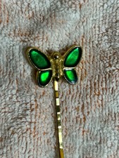Butterfly Green Hair Barrette Bobby Pin Iridescent EnamelGold Tone Girls Spring