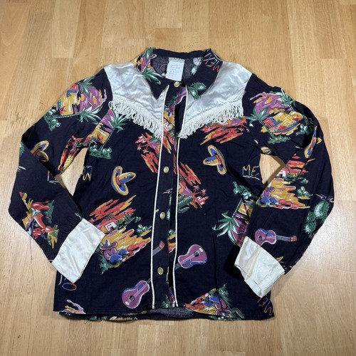 Vintage Western Ranch Rodeo Shirt Kids Size 10 Mexico Print Sombrero Guitars