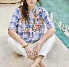 JOHNNY WAS Blouse Womens Medium Blue Plaid Perrine Embroidered Floral (FLAW)