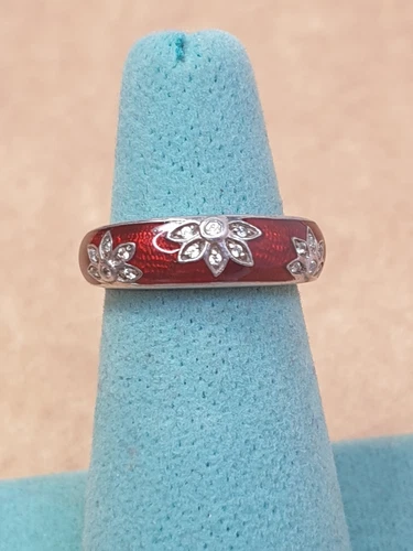 Vintage Size 6 Red Enamel CZ STONE cigar Band Ring Sterling Silver 925
