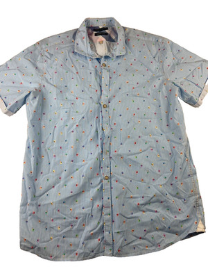 Colours & Sons Herren Hemd Blau Weiß Gestreift Knopfleiste Kurzarm Gr. XL